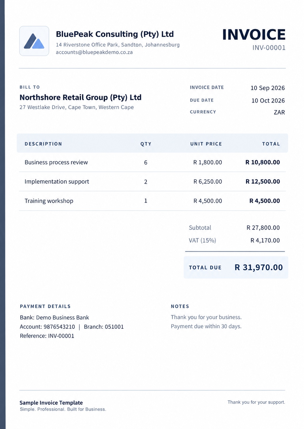 Clean invoice template sample